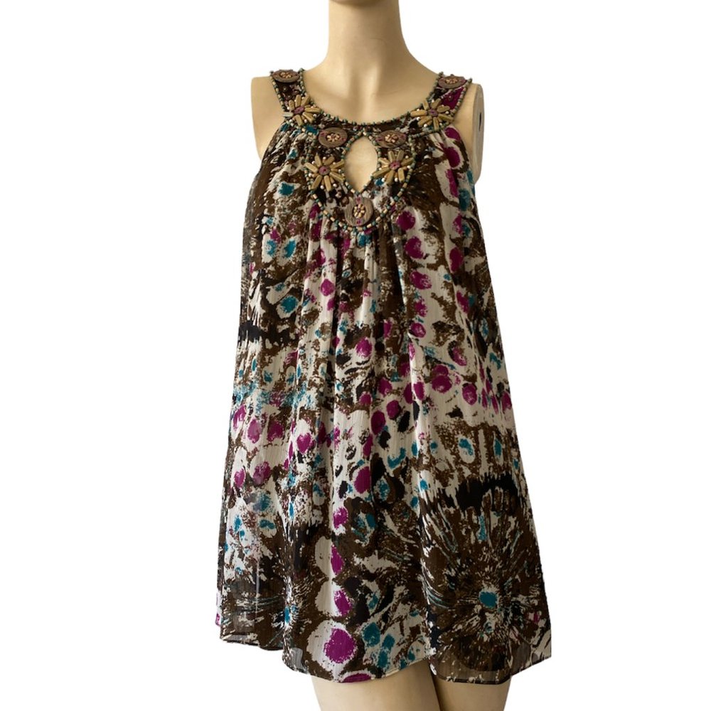 Vintage Eci New York Women's Beaded Multicolored Color dye Tunic Blouse Size 14